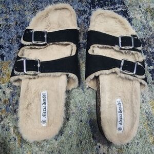 ALEXIS Bendel Slip On Slide Sandals Black Double Buckle Faux Fur Shoes